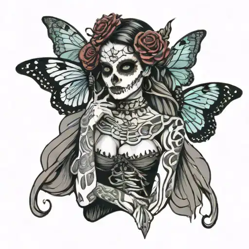 Day Of The Dead Girl With Skull Moth Skirt Leaning
