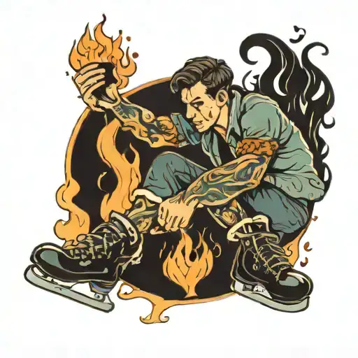 A Man With An Ice Skate In His Right Hand And His Hearth In Fire