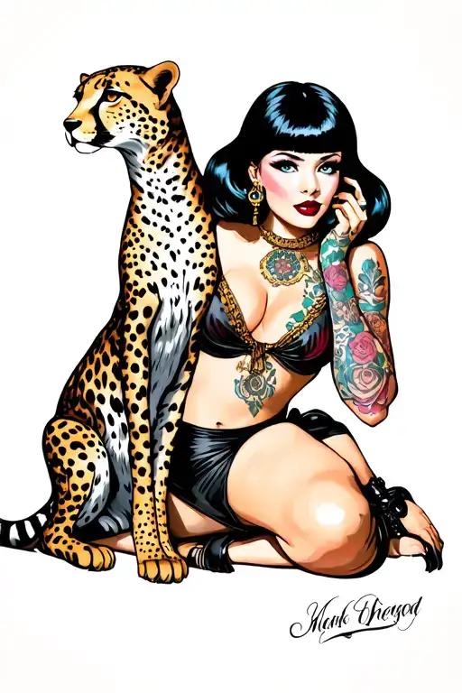 Pinup Girl With Black Bob With A Pet Cheetah