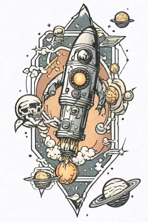 Traditional Style Tattoo With An Outer Space Theme In A Vertical Rectangle