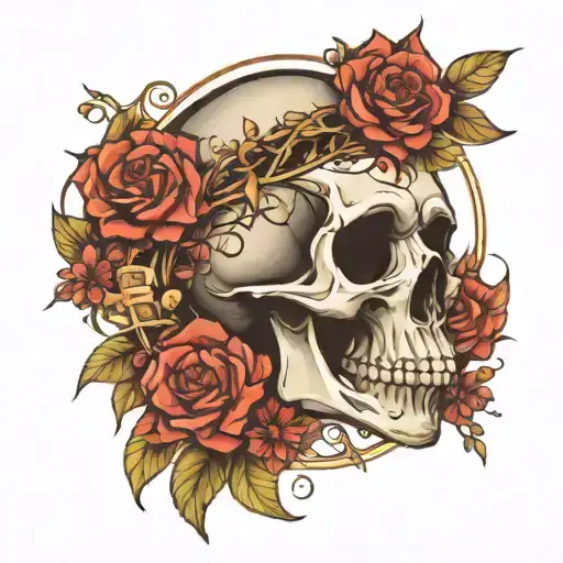Skull With Halo And Nature Elements Symbolyzing Duality