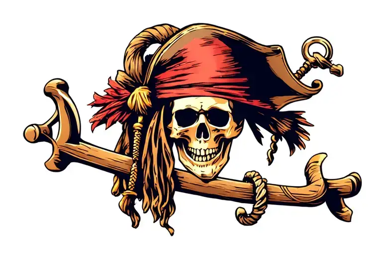Marine Anchor With A Rudder Bar Decorated With A Jack Sparrow Skull