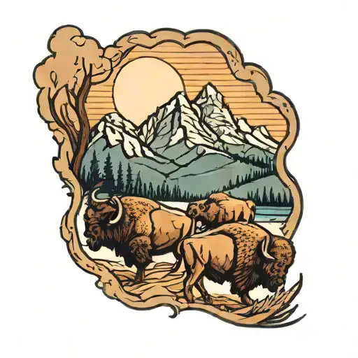 Mountain Range With 5 Bison