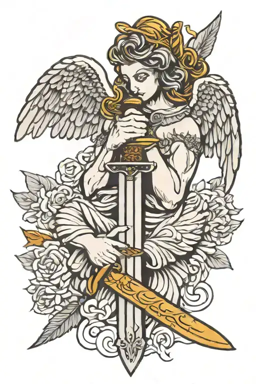 Praying Hands Holding Sword With Angel Wings