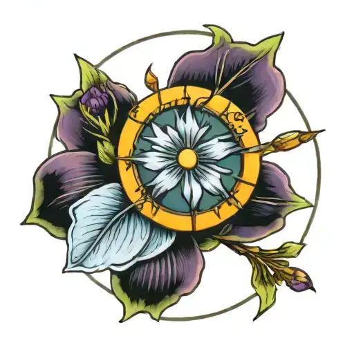 Sun And Arrow Surrounded By Violets