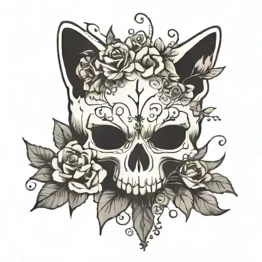Skull Cat Silhuette With Flowers