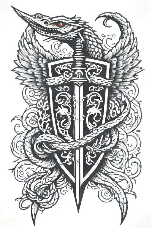 Sword With Broken Wings And Two Snakes Intertwined Behind A Shield