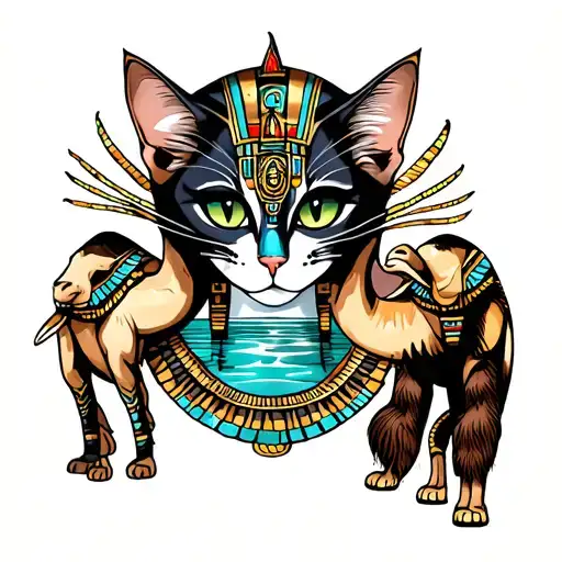 Egyptian Cat Woman Mirage With Lagoon And Camels