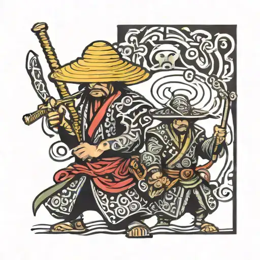 Straw Hat Samurai And African Tribal Warrior Wielding
