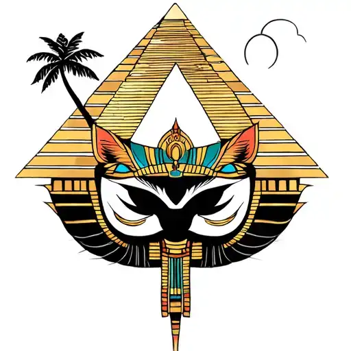 Egyptian Cat Woman Pyramid Mirage Coconut Trees Lotus Flower
