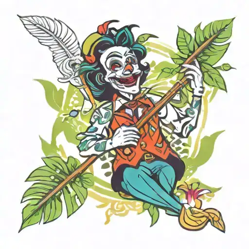 Jolly Joker Card Playing Flute Surrounded By Tropical Leaves