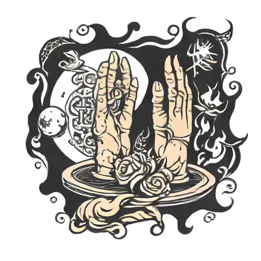 Praying Hands Surrounded By Candles With The Moon And Money On The Floor