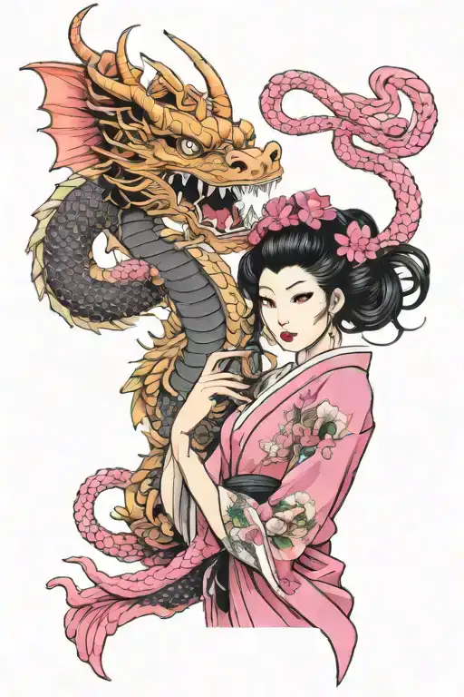 Sexy Geisha And Pink Dragon Holding