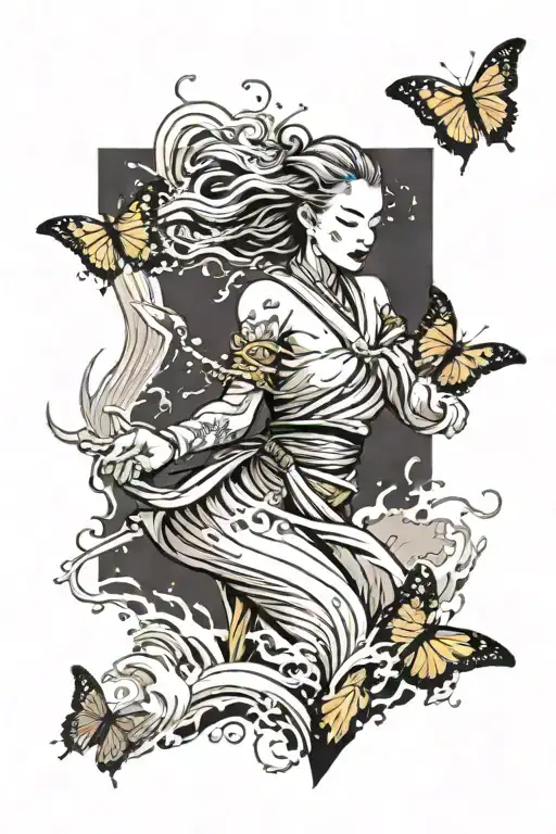 An Ocean Crushing Against A Young Female Warrior Monk With The Waves Bursting Into Butterfly's