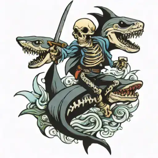 Skeleton Riding A Shark While Carrying A Cutlass In Its Hand