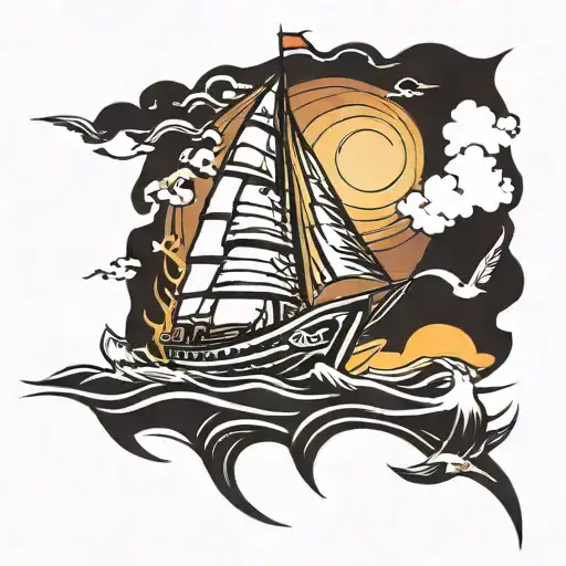 Saling Boat Tribal Style 2 Sails Seagulls Sunset