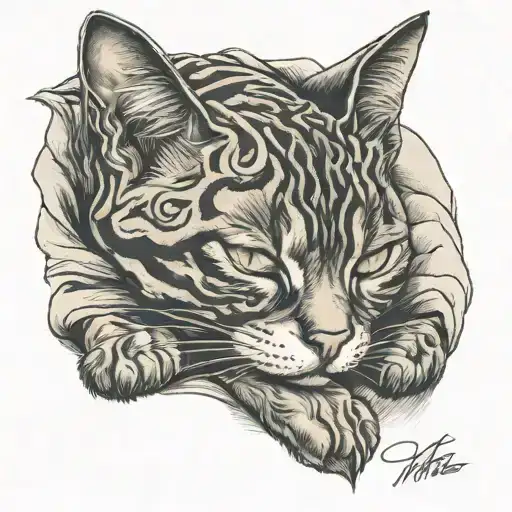 Brindle Cat Sleeping On Grey Blanket