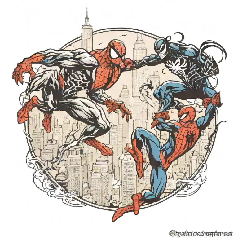 Venom And Spiderman Fighting In New York Skyline