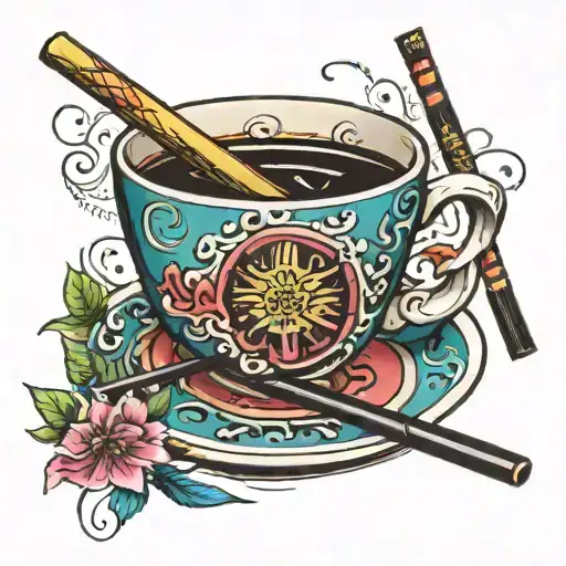 Tea Cup With Chopsticks And Chief Knives In Color
