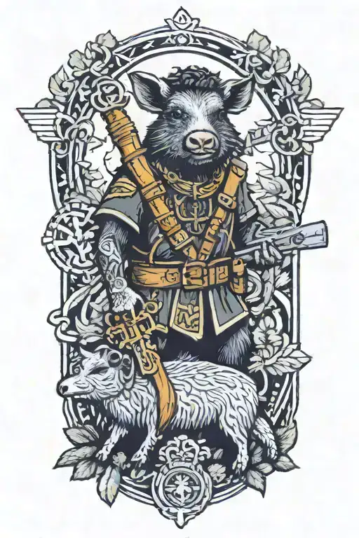 Curupira Riding Collared Peccary With A Crucifix And Gun In Jungle