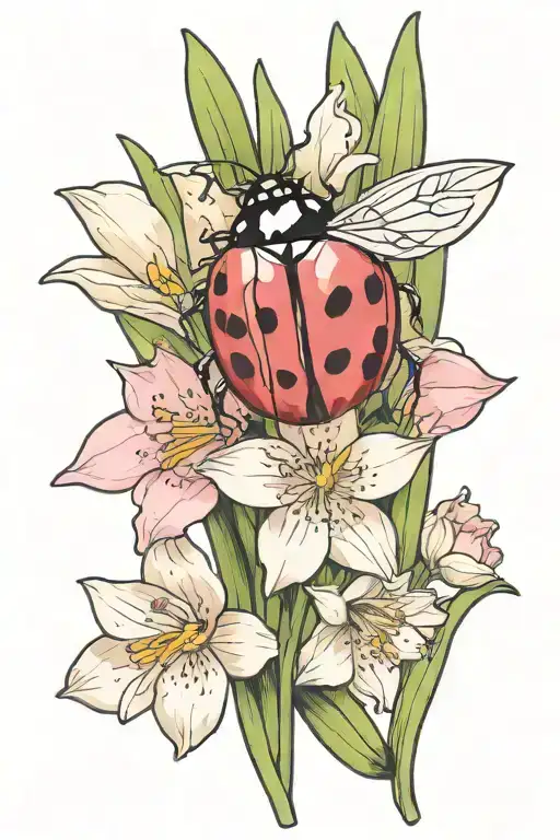 Small Ladybug On A Pink And White Daffodill