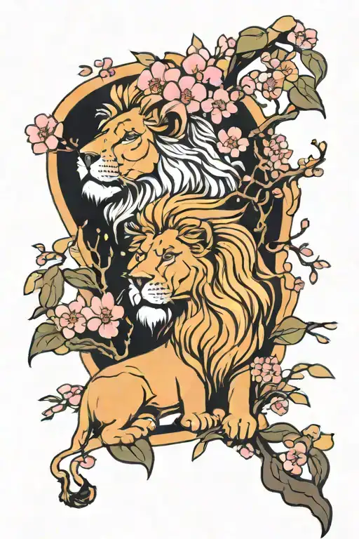 Lion And Lioness Surrounded By Cherry Blossoms