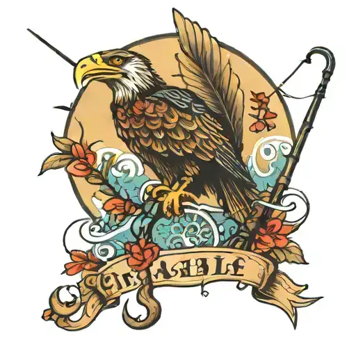 Fishing Pole With A Fish And Dragonflies And Eagle