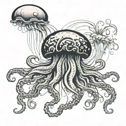 Jellyfish And A Kraken With Long Tentacles
