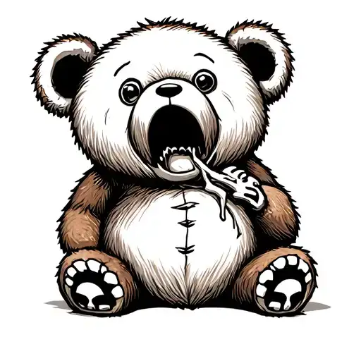 Creepy Teddy Bear With Stomach Mouth And Head Ripping Off While Eating Corpses