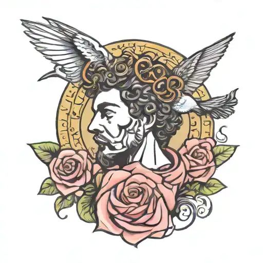 Marcus Aurelius Face And Hummingbird Hovering And Breast Cancer Ribbon With Lms Initials