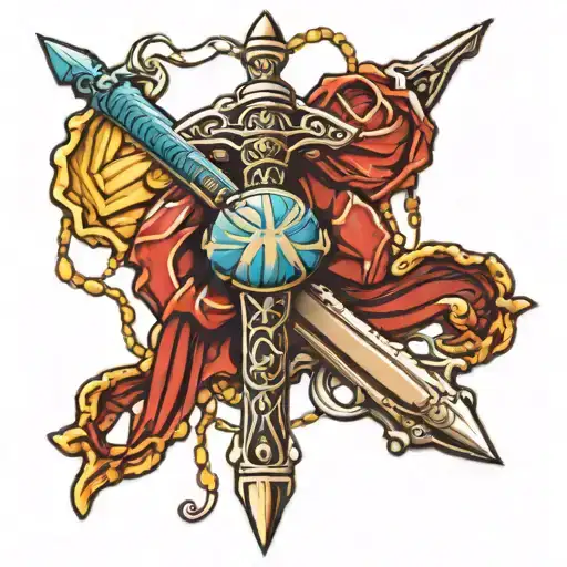 Sword With Seashell On Handle With Rosary Beads Intertwined