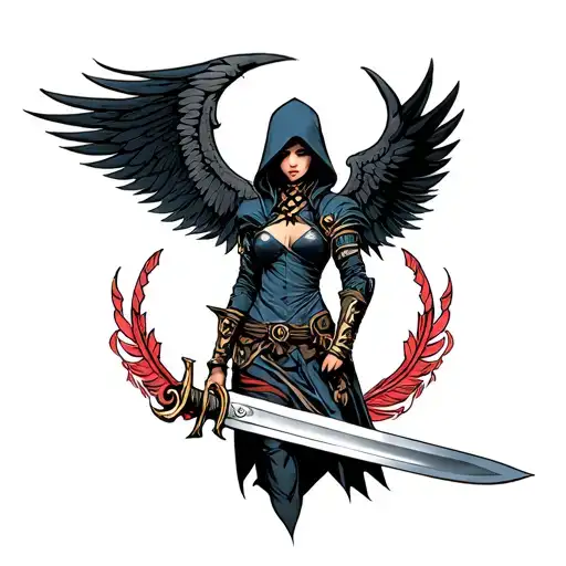 Woman Warrior Sword Winged Hood
