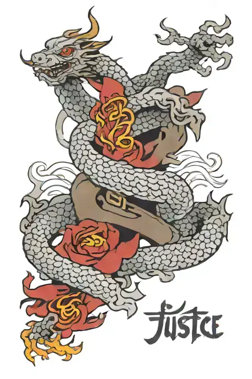 Japanese Word 'Justice' Written Down Back With A Chinese Dragon Wrapping Around It