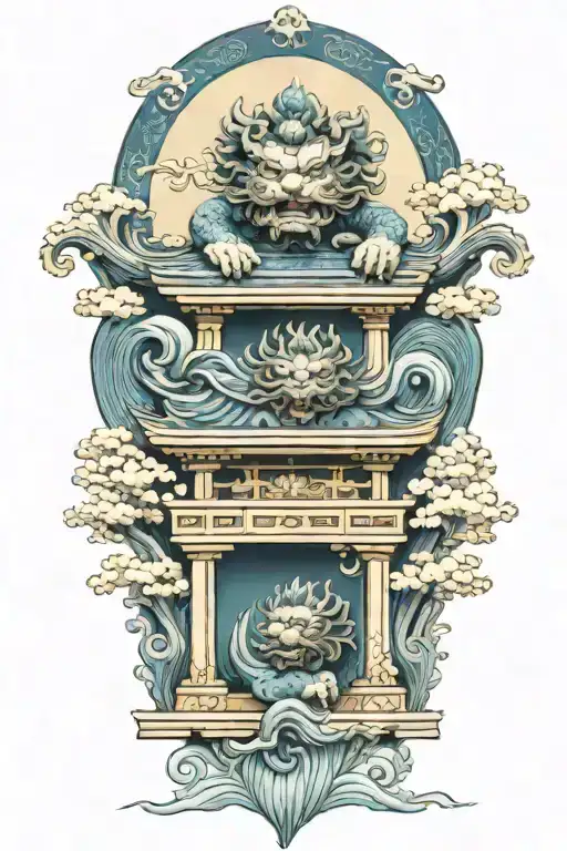 Two Japanese Foo Dog Guarding A Temple Gate Great Wave Off Kanagawa
