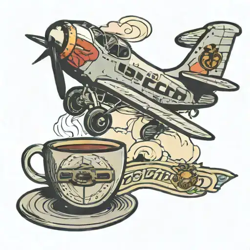 A Vintage Airplane Flying Over A Coffee Cup With A Porsche Logo On It