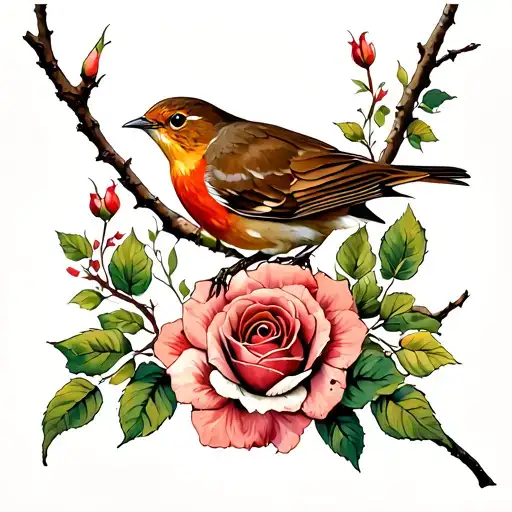 Robin On Branch Surrounded By Roses Sleeve Placement