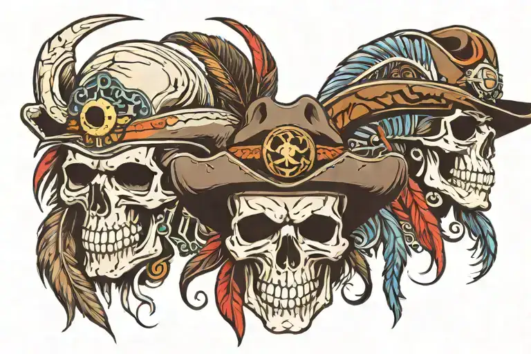 Cowboy Skull And Pirate Skull And Native American Skull Together