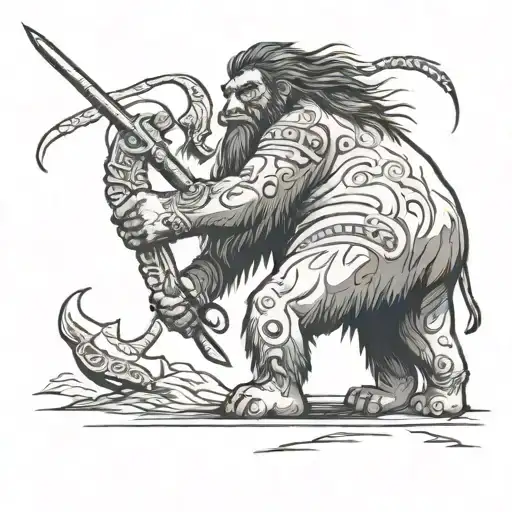 Caveman With Spear Hunting A Wooly Mammoth