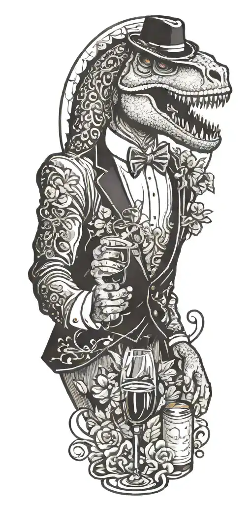 Aquarius Zodiac Sign Entangled With A T-rex In A Tuxedo Serving Wine