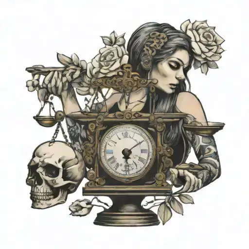 Woman Holding A Balance Scale With Skull On One Side And Flowers On Other