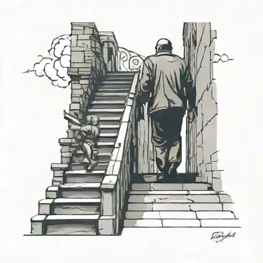 Dad Walking Up Some Stairs To Heaven And His Son Watching Him Leave From Below