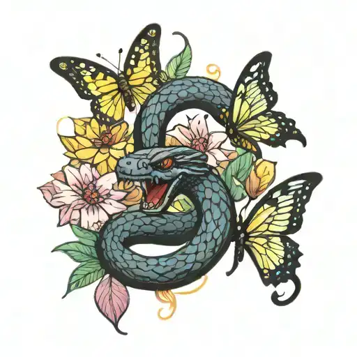 Black Cobra Striking With Pastel Butterflies Behind It