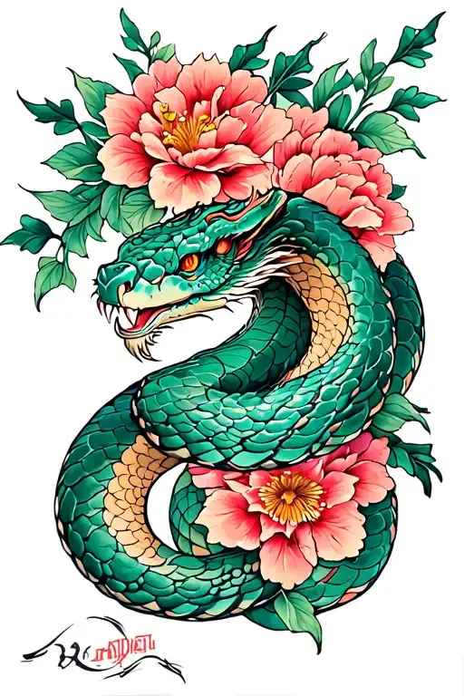 Oriental Sleeve With Snake And Flowers