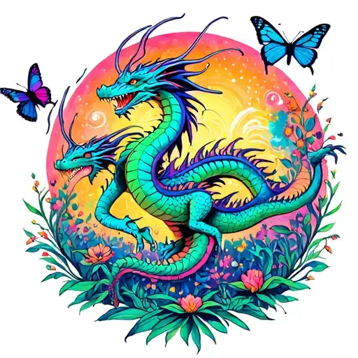 Dragons And Butterflies Doing A Psychedelic Dance In Nature And The Universe
