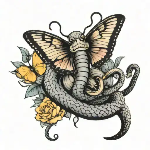 Black And Grey Cobra Striking With Pastel Butterflies Behind It