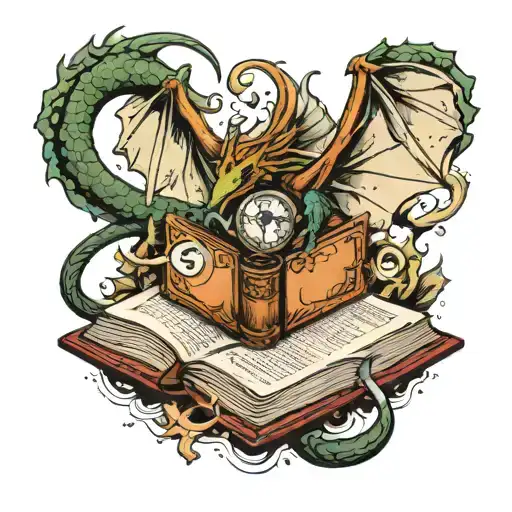 Book Open With Magnifying Glass And A Dragon Flying And An Uno Card