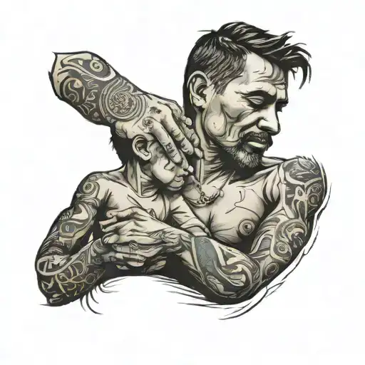 A Father And Son Holding Hands With A Favela In The Background