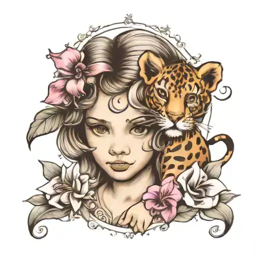 Roman Little Girl With Cattleya's & A Lion Head