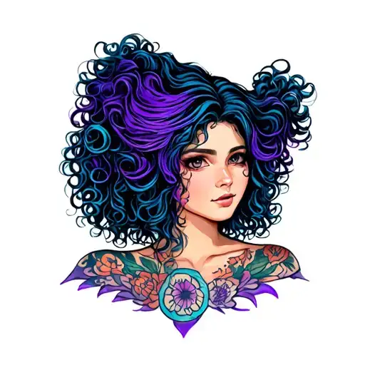 Girl With Curly Hair Thats Dark Blue With Purple Skunk Stripe Highlights