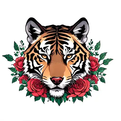 Tiger With Wolf And Roses Blooming